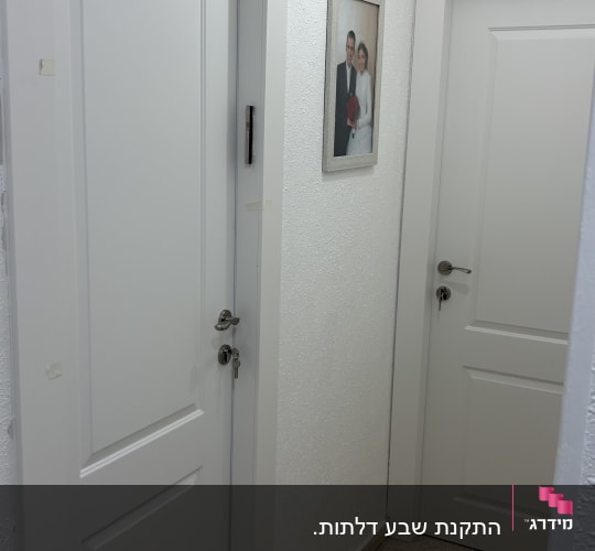 שתי דלתות לבנות במסדרון עם תמונה על הקיר